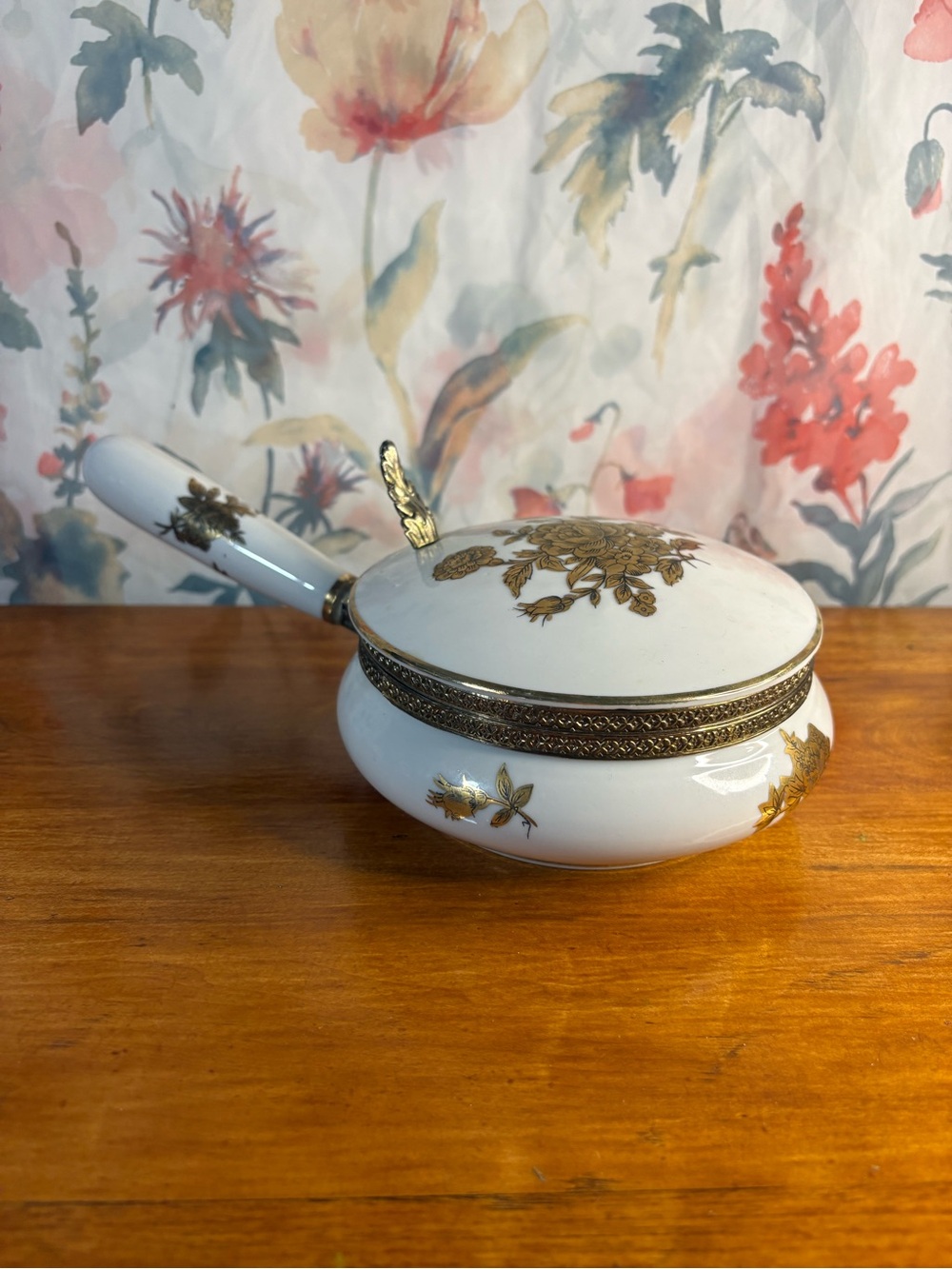 Vintage White Porcelain Gold Floral Covered Butter Warmer with Handle